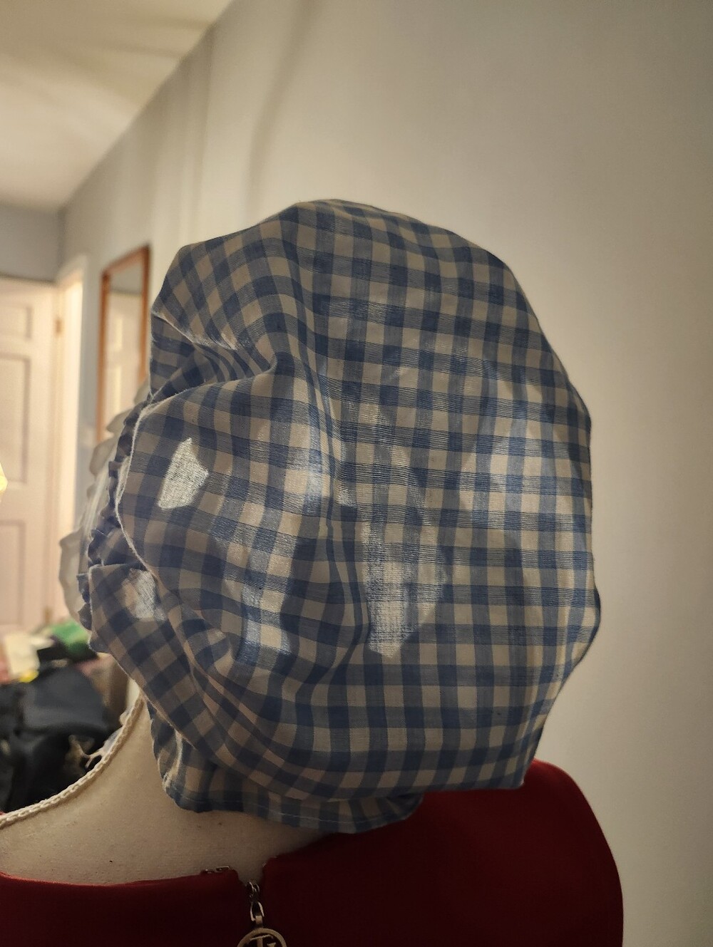 Vintage Blue Gingham Sun Bonnet for Kids - Tie-Back Cotton Hat - Picture 2 of 5